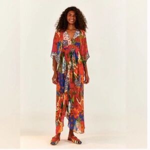 Farm Rio Sunny Mix Pink Orange Boho Patchwork Maxi Dress S